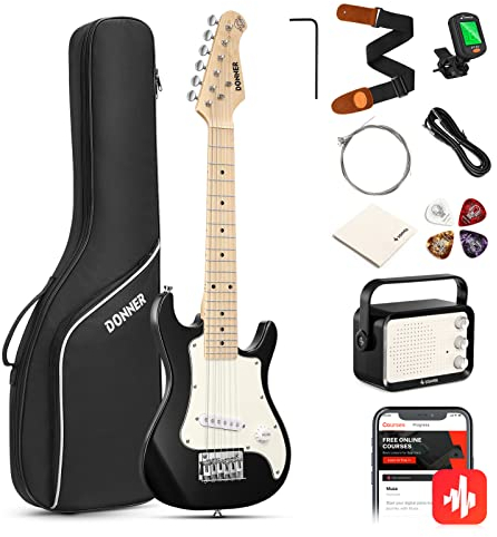 Donner E-Gitarre Set Anfänger Junior Kit ST-Stil 30 Zoll Mini Gitarren Premium Bundle mit Verstärker, Stimmgerät, Kapodaster, Tasche, Gurt, Saite, Kabel (DSJ-100, Schwarz)