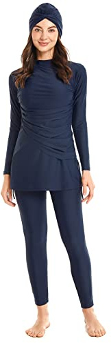 Odizli Burkini Damen Muslim Frauen Modest Bademode Langarm Schwimmoberteile Built in Bra+Schwimmhose+Hijab 3tlg Schwimmanzug