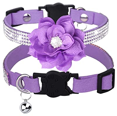 Yiwong Katzenhalsband mit Strass, Katzenkopf-Sicherheitsschnalle Katzenhalsband mit Glocke, Strass-Blumenhalsband für Katzen und kleine Hunde