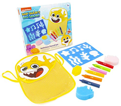 Baby Shark Badespielzeug – Badeschablonen-Set – Baby-Badespielzeug – Badespielzeug für 3-Jährige – Badespielzeug aus Schaumstoff – Enthält eine Aufbewahrungstasche für Badespielzeug, Bademalstifte – K