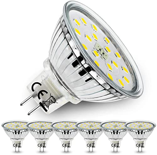 Allesgute Pack de 6 bombillas LED GU5.3 MR16, Blanco Frío 6000K, 5W, equiv. 45W Halógenas, 450lm, AC/DC 12V, Foco no regulable, Haz 120° Ancho | Reemplaza la lámpara halógena de 45 W, ángulo de haz de 120° GU 5.3, bombilla de ahorro de energía de 2 pines