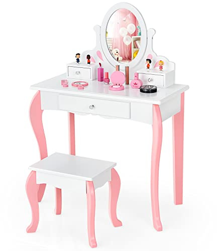 COSTWAY Toeletta Trucco Bambina con Sgabello e Specchio Girevole, Bianco | Postazione Trucco per Ragazza in Legno con Sgabello, Portapenni, Cassetto e Specchiera Staccabile 70 x 34 x 105cm