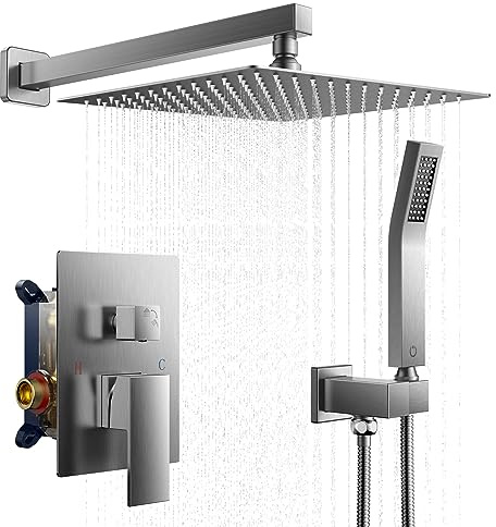 FORIOUS Rain Shower Head System, 10 Inch Shower Faucet Set with with handheld combo, Solid Brass Pressure Balanced Valve and Trim Kit Fixtures, Wall Mounted, Brushed Nickel (Stainless Steel, 10 inch)