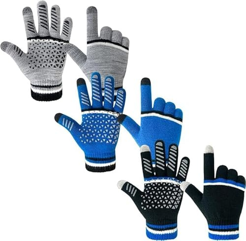 Migliore Wear Magic barnhandskar med 2 pekskärmsfingrar, vinter barnhandskar, varma stickade handskar, helfingrar magiska handskar för pojkar flickor, Halkfri svart, blå och grå, 6-8J