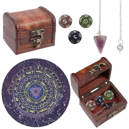 CREATCABIN Juego de Tablero de Péndulo de Dados de Astrología de Tarot Juego de Péndulo de Amatista de Chakra de Dados Astrológicos de Tarot Kit de Péndulo de Radiestesia Brujería Wiccan 2 cm