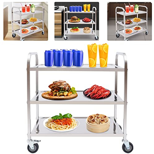 Shiyinge Carro de servicio de acero inoxidable con ruedas, carrito de cocina, carrito de cocina, carrito de transporte, carrito multiusos, servicio de comida, catering, plata, 3 niveles, 4 ruedas (85