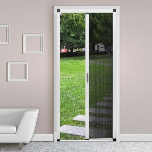 ROOMNEST No-Drilling Retractable Screen Door, Folding Door with Aluminum Frame and Durable Mesh, Keeps Bugs Out, for Single or Double Door Customize Size(White