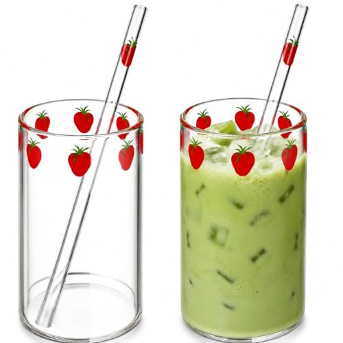 Warmhm Lot de 2 Verres à Motif Fraise avec Pailles Café Glacé, verre matcha | Gobelet transparent en borosilicate, 2 pailles incluses, pour latte, smoothie, Lait, soda, Jus, maison et voyage