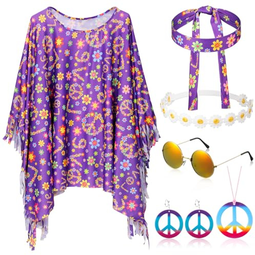 HICARER 6 Stück Hippie Kostüm Set inklusive Hippie Poncho Frieden Zeichen Halskette Ohrringe Stirnband Hippie Sonnenbrillen 60er 70er Jahre Bekleidung Accessoires für Damen