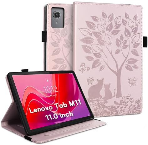 LSPCASA Hüll für Lenovo Tab M11(11 Zoll) 2024 mit stifthalter PU Leder Schutzhülle Standfunktion Kartenschlitz und Gummiband Tablet Case für Lenovo Tab M11(TB330FU) -Rosa