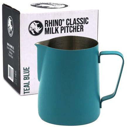 Rhino Klassischer Milchkännchen, 450 ml, Blaugrün, Edelstahl, Verwendung mit Ihrer Kaffeemaschine oder Aufschäumer für einen Latte oder flaches Weiß