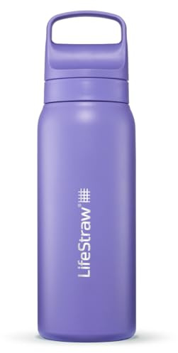 LifeStraw Go Series – Insulated Stainless Steel Water Filter Bottle for Travel and Everyday Use, 24oz Thistle Purple
