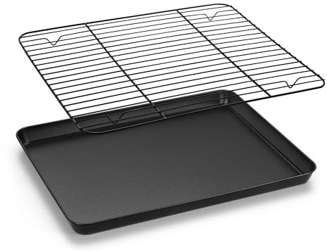 Homikit Backblech mit Abkühlgitter, Karbonstahl Ofenblech Kuchenblech und Edelstahl Auskühlgitter, Rechteckig Backform mit Antihaftbeschichtung zum Backen Braten Servieren, 31,6x24,5x2,5cm, Ungiftig