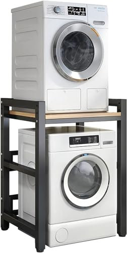 Kit d'empilage Support réglable, laveuse et sécheuse à Chargement Frontal – Support Portable d'une capacité de 400 kg – Unité de Rangement pour Lave-Linge pour Le Linge, Cadre Noir + Noyer c
