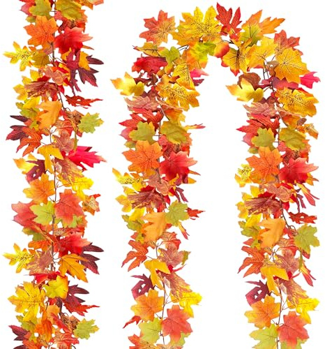 TINA Herbstgirlande Herbstblätter 1.74m 2 Stück Künstliche Ahornblätter Girlande Herbst Blätter Girlande mit Haken Ahorn Blätter erbstdeko Hängepflanze für Innen Draußen Fenster Halloween