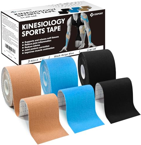 Ceeport Lot de 3 rouleaux de bande de kinésiologie élastique pour le soutien musculaire des articulations et du corps, épaule, cheville, coude, poignet, attelles tibiales et soulagement des douleurs