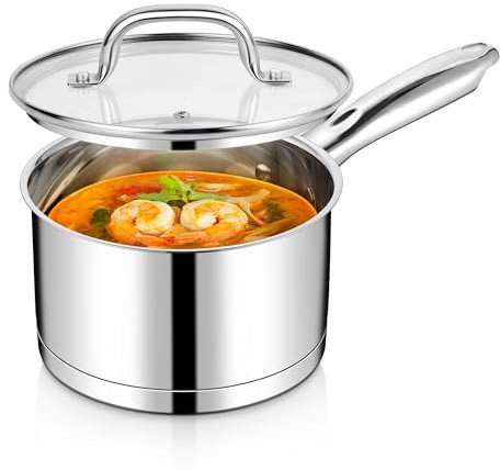 Joyfair 18cm Saucepan, 2.8L Stainless Steel Tri-Ply Sauce Pan with Glass Lid, Induction/Gas/Electric/Ceramic/Halogen Safe Large Milk Pot for Kitchen Cooking Boiling Stewing, Non Toxic & Easy to Clean