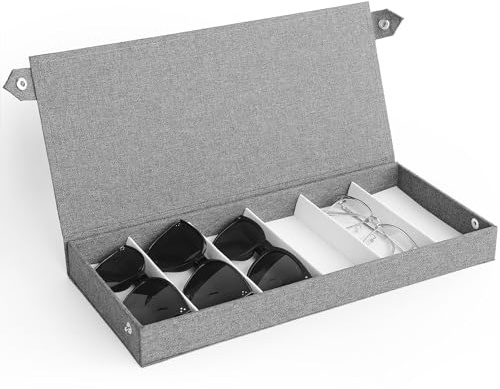 Cozary Aufbewahrungsbox für Brillen - Brillenbox für Mehrere Brillen mit Flip-Top-Design Druckknöpfen, Brillenaufbewahrung für Sonnenbrillen, Schmuck und Accessoires mit 6 Fächern - Grau - 38x17x4cm