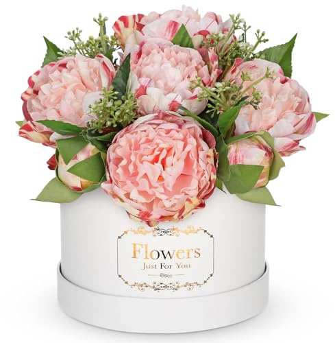 Hollyone Pfingstrosen Künstliche Blumen Deko Rosa Blumenarrangement mit Geschenkbox für Geburtstag Hochzeit, Kunst Seidenblumenstrauß im Geschenkkarton für Muttertag Valentinstag Heimdeko