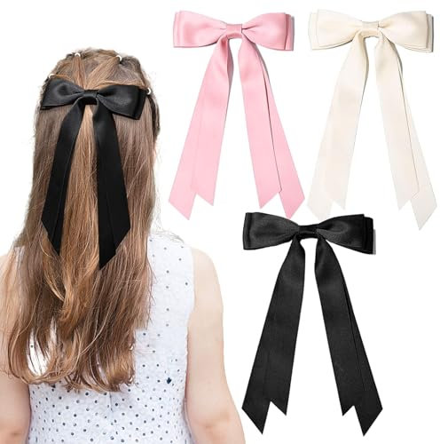 3 Stück Haarschleifen Haarspange Beige Rosa Schwarz Haarband, Pferdeschwanzhalter Zubehör, Seidiger Satin niedliche Schleife Haarspangen für Damen Mädchen (Beige, Rosa, Schwarz)