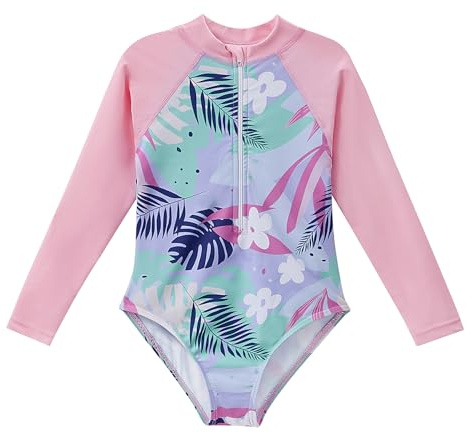Zando UPF50+ Girls Long Sleeve One Piece Swimsuit with Zipper Rash Guard for Kids 10-11 Years - Surfing Bathing Suit with Removable Padding for Summer Beach Swimming Sport Pool Pink Grass