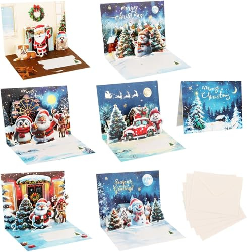 DERAYEE Cartes de Noël 3D avec Enveloppe,6PCS Carte de Joyeux Noël Pop-Up,Carte de Vœux de Vacances
