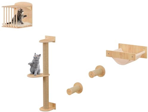 GYMAX Pared Trepadora para Gatos, Juego de Muebles de Pared para Gatos con Casa, Rascador de Sisal, Escaleras, Hamaca, Estantes para Gatos de 5 Piezas con Alfombra, hasta 10 kg