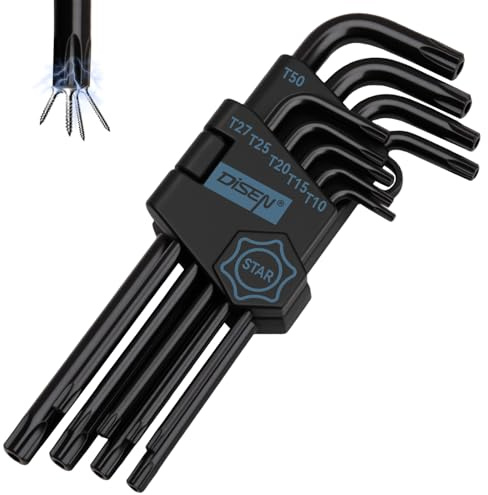 DISEN 9 stycken TORX sexkantssats T10-T50 långärmad stjärnnyckel sats vinkelskruvmejsel set krom vanadin stål för reparation av cykel och möbler