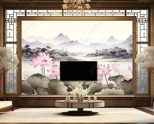 Papier Peint Intissé Paysage, Lotus, Nuages ​​Et Brume Poster Tableaux Muraux Tapisserie Photo Trompe L'Oeil Salon Chambre Art Mural 200Cm(L) X140Cm(H)