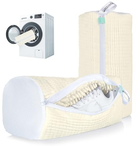 ADEHMDA Reusable Shoe Washing Machine Bag for Family Washer-2pcs, Cream | Microfiber Laundry Shoe Bag, 360° Deep Clean, Anti-Deformation, Rustproof Zipper&Protective Cover, for Sneakers/Casual Shoes