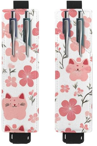 2 Stück Verstellbarer Gummiband-Stifthalter für Notizbuch, PU-Leder-Stifthalter, Stifteetui für Hardcover Journals, Bücher, Planer, Ordner, Tablets - Rosa Katzen Blüte Kirschblumen