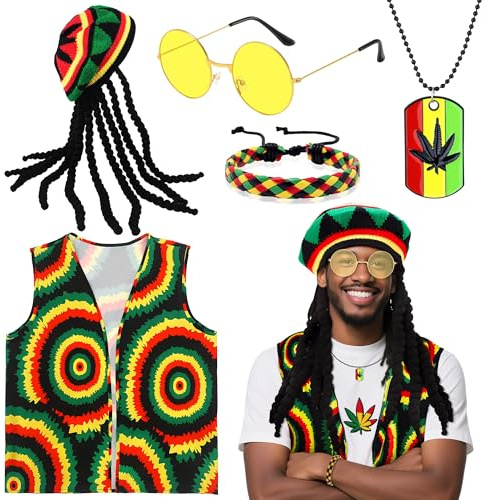 Bryndo 5 Pcs Reggae Fancy Dress Costume Accessories, Jamaican Rasta Costume with Rasta Hat with Dreadlocks Caribbean Vest Sungalsses Bracelet Neckalce for Women Men Halloween Carnival Cosplay Party