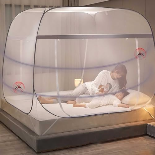 IXPIUZB Mosquitera para Cama Matrimonio Plegable, Mosquitera De Cama Portatil Viaje con Fondo Cierre De Cremallera Doble Puerta para Camping Viaje Hogar Al Aire Libre, Instalación Gratuita