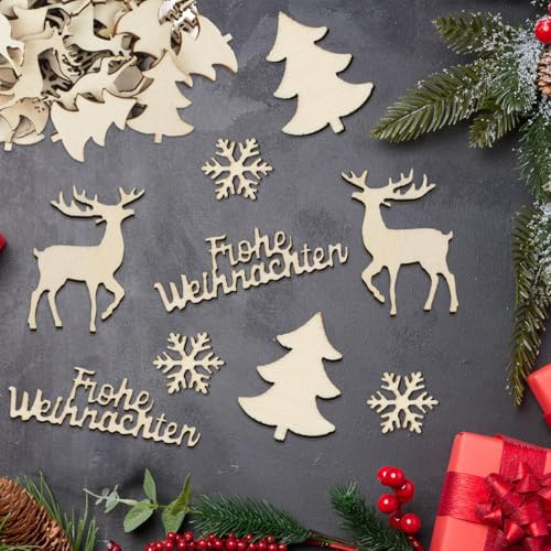 BETESSIN Streudeko Weihnachten Holz - 100 Stück Frohe Weihnachten Konfetti mit Rentier, Tannenbaum & Schneeflocke Design - Weihnachts Tischdeko Winter - Weihnachtsdeko zum Basteln Holz