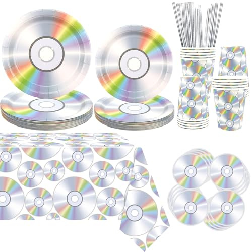 90s Theme Party Decorations Includes Happy Birthday Banner, 90's Party Paper Plates and Napkins, Tablecloth Tableware Set for Retro CD Music, Back to the 90's, 1990's Supplies, Serves 20