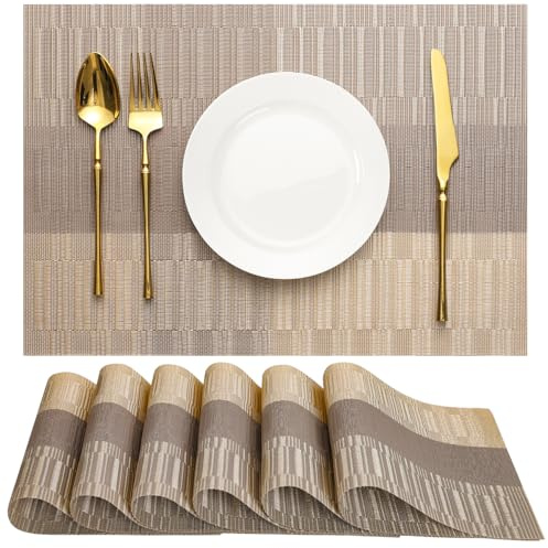 Chitomars Tischsets abwaschbar, Platzsets abwaschbar PVC Platzdeckchen | 6er Set Tischsets Outdoor Vinyl hitzebeständig Gewebte Platzdeckchen für Häuser Restaurants Hotel (Grau Golden, 6er Set)