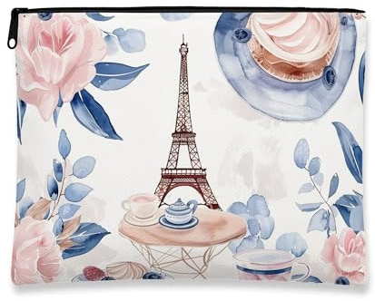 Trousse de maquillage vintage à motif de la tour de Paris pour femme, organiseur portable en toile avec fermeture éclair, trousse de toilette pour soins de la peau, pêche, 7x9 Inch, Tour de Paris