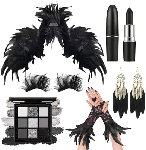 YDUNARISE Gothic Federumhang mit Feder Manschetten,Maleficent Kostüm Damen,Gothic-Make-up mit Ohrringe Lidschatten Wimpern Lippenstift,für Karneval Masquerade Halloween Cosplay (Schwarz)