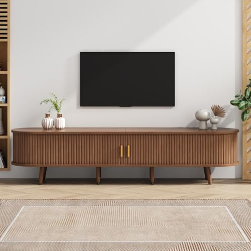 TV Stand with 2 Drawer 2 Sliding Doors 2-Tier Storage Shelf,Oval TV Cabinet Storage Sideboard with Rounded Corners for livingroom bedroom,175*40*42cm,Dark Oak,MDF,weight capacity 30kg,for 70inch TV