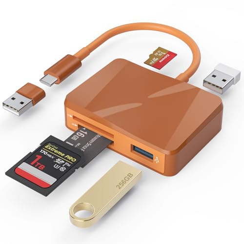 SD Card Reader, 5 in 1 USB-C & USB Card Adapter with SD/MicroSD/MS and Dual USB-A Ports Memory Card Reader for iPhone 17/16/15 Pro Max iPad MacBook Pro/Air M4/M3 Android Phone/Tablet PC (Terracotta)