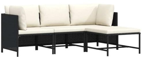 mzdioop 4-TLG. Garten-Sofagarnitur Schwarz aus wetterfestem Poly Rattan, modulare Lounge-Möbel für Balkon & Terrasse, inklusive cremeweißer Polsterauflagen, Robustes Outdoor-Möbelset