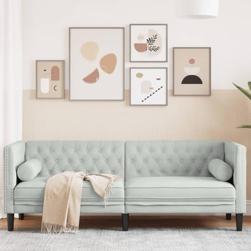 mtlskopl 3-Sitzer Chesterfield-Sofa Hellgrau Samt mit Nackenrollen 194 cm Breit Komfortable Polstergarnitur Modernes Wohnzimmer Möbelstück für Living Room Schlafzimmer Flur