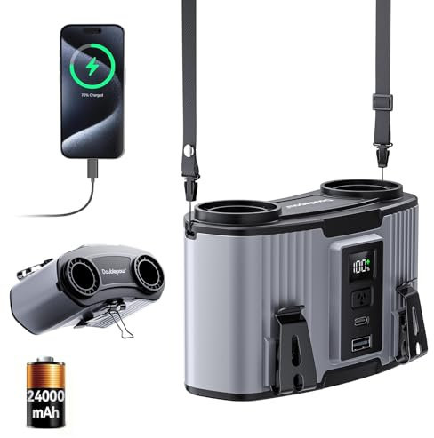 Doublepow 24000mAh Ventilateur Portable Ceinture, Ventilateur Clip Rechargeable 10 Vitesses 45H, Double Moteur Conduit d'air, Cooling Cou et Taille, pour Travail Extérieur, Voyages, Chargeur Téléphone