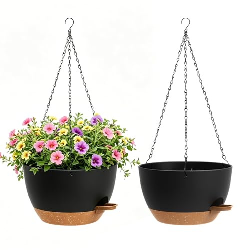 WSMKSZ 20cm Kleine Selbstbewässernde Blumenampel Hängend Innen Außen, 2er Set Kunststoff Blumentopf Hängend mit Drainageloch & Wasserreservoir, Hängeblumentöpfe für Balkon, Veranda, Schwarz mit Braun