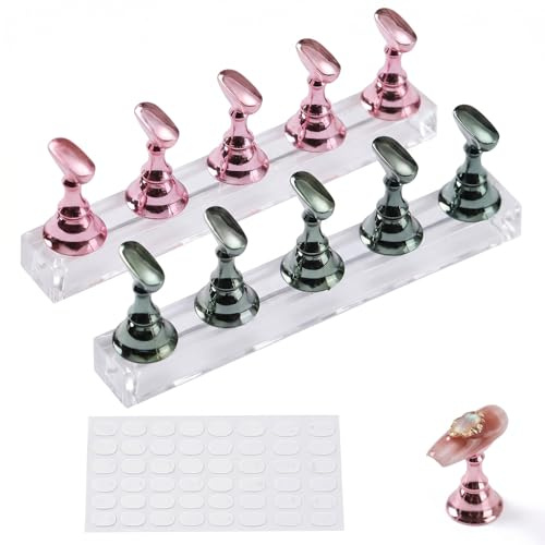 2 Pcs Support Ongle pour Capsules avec 50 Adhésifs Double Face, Présentoir Faux Ongles pour Entraînement Manucure, Kit Press on Nails Professionnel, Design Or Rose et Vert Foncé