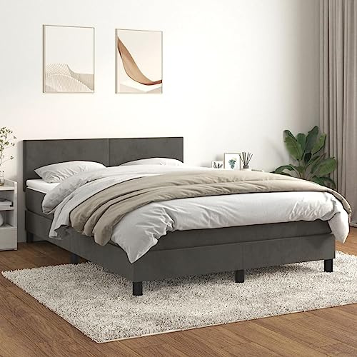 RCODSSK Boxspringbett mit höhenverstellbarem Kopfteil und mittelharter Taschenfederkernmatratze – Samt Boxspringbett 140x200 cm mit Matratze in Dunkelgrau