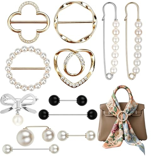 12 Stück Brosche Damen Set mit 4 Schalringen und 8 Perlennadeln, Eleganter Schalring Tuchring, Feiner Cardigan Clip, Moderner Kleider Clip, Sicherheitsnadeln Mit Perlen für Bluse und Schal