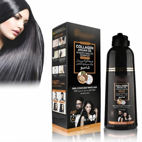 Champú Tinte Negro Instantáneo 400 ml – Cubre Canas para Hombre y Mujer, Coloración Capilar Negra Rápida con Colágeno y Aceite de Argán, Champú Colorante para Cabello Negro, Aplicación Fácil en Casa