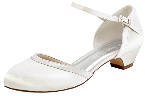 Elegantpark HC1621 Runde Zehen Schnalle Hoch Absatz Pumps Satin Tanzschuhe Damen Brautschuhe Ivory EU 38