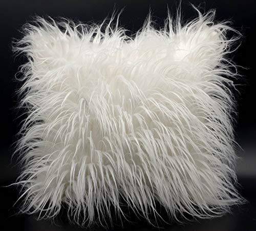 cushion mania Luxury Shaggy Faux Fur Covers or Cushions Large Fluffy Decorative Throw Pillows for Sofa and Bed Super Soft Long Hair Plush Cushions 17x17 or 21x21 (White, 17x17 Cover Only)